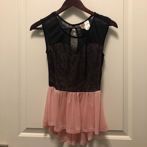 Lace Black Pink Sleeveless Mesh Peplum Top Small